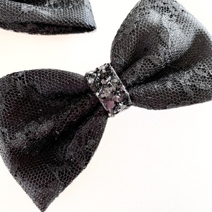 Σετ clips φιογκάκια Black Satin Lace - μαύρο σατέν, δαντέλα & glitter - ύφασμα, δαντέλα, χριστουγεννιάτικα δώρα, hair clips - 2