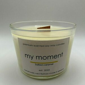 Scented soy wax candle Salted caramel Αρωματικό κερί σόγιας με ξύλινο φυτίλι και γυάλινο ποτήρι ασφαλείας 160 gr - αρωματικά κεριά