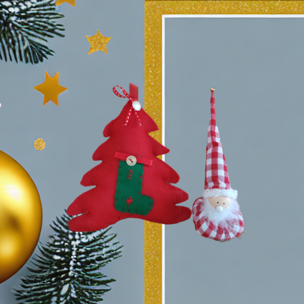 Σετ Χειροποίητα χριστουγεννιάτικα στολίδια, δένδρο, καί φιγούρα Αϊ Βασίλη. - ύφασμα, νονά, άγιος βασίλης, στολίδια, δέντρο - 2