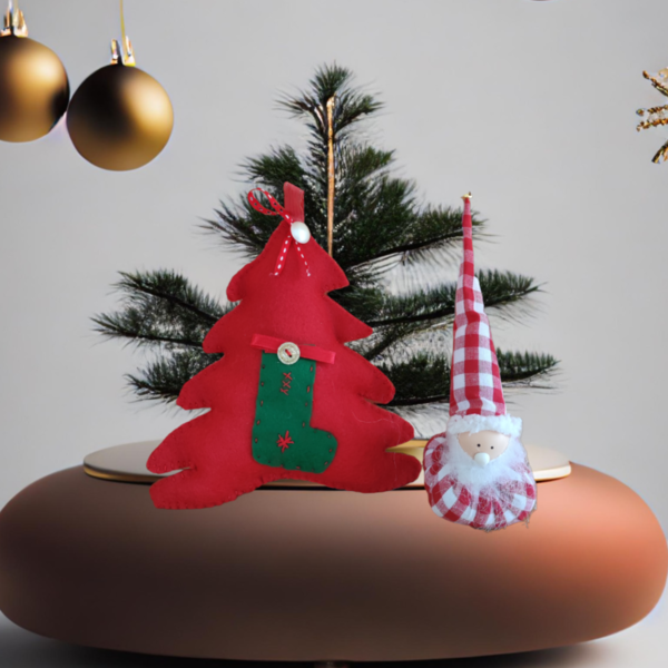 Σετ Χειροποίητα χριστουγεννιάτικα στολίδια, δένδρο, καί φιγούρα Αϊ Βασίλη. - ύφασμα, νονά, άγιος βασίλης, στολίδια, δέντρο - 3