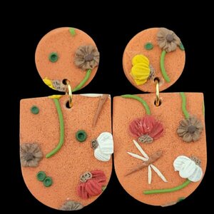 Slab σκουλαρίκια με λουλούδια και λιβελούλες - πηλός, romantic, λουλούδι, καρφάκι, φθηνά