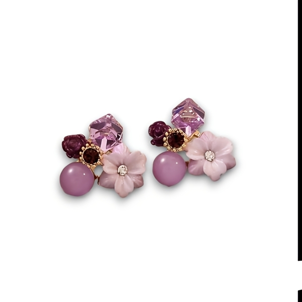Σκουλαρίκια purple crystal flower με λουλούδια μωβ - ορείχαλκος, ασήμι 925, boho, πέρλες, νυφικά