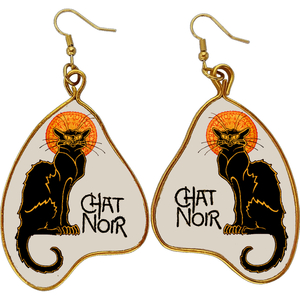 Αρτ Νουβό σκουλαρίκια "Le Chat Noir" περ1896. Ατσάλι -Αλουμίνιο-Κρύα Πορσελάνη 9,2x4,5cm - γάτα, ατσάλι, κρεμαστά