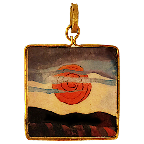 Μενταγιόν Αρθουρ Νταβ "Κόκκινος Ήλιος" 1935. 6x4cm περ. Από αλουμίνιο, επιχρυσωμένο ατσάλι, κρύα πορσελάνη. Πρόωρη αφηρημένη τέχνη,, δωρό για φιλότεχνους. - χειροποίητα, ατσάλι, μοδάτο, μενταγιόν