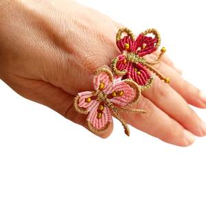 Πεταλούδα δαχτυλίδι macrame δίχρωμη elegant με στρογγυλεμένα φτερά 3,5cm - μακραμέ, κορδόνια, πεταλούδα - 3
