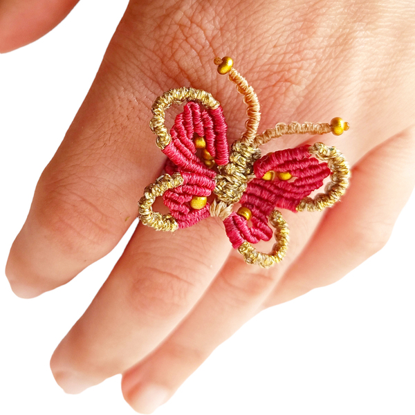 Πεταλούδα δαχτυλίδι macrame δίχρωμη elegant με στρογγυλεμένα φτερά 3,5cm - μακραμέ, κορδόνια, πεταλούδα