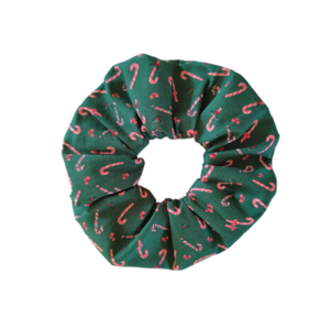 Χειροποίητο Χριστουγεννιάτικο λαστιχάκι μαλλιών scrunchie με Χριστουγεννιάτικα γλειφιτζούρια πράσινο 1τμχ medium size - ύφασμα, χριστούγεννα, χριστουγεννιάτικα δώρα, λαστιχάκια μαλλιών
