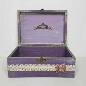 Ξύλινο Κουτί Κοσμημάτων Μωβ Λουλούδια - ξύλο, οργάνωση & αποθήκευση, δώρα για γυναίκες - 3