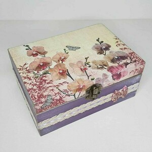 Ξύλινο Κουτί Κοσμημάτων Μωβ Λουλούδια - ξύλο, οργάνωση & αποθήκευση, δώρα για γυναίκες - 4