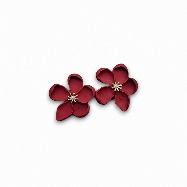 Big red flower earings Σκουλαρίκια λουλούδι σε χρώμα κόκκινο χειροποίητα - ασήμι, ορείχαλκος, λουλούδι, καρφωτά, μεγάλα