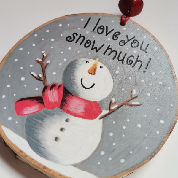 Χειροποίητο χριστουγεννιάτικο προσωποποιημένο ξύλινο στολίδι με χιονάνθρωπο - ξύλο, νονά, γιαγιά, μαμά, στολίδια - 2
