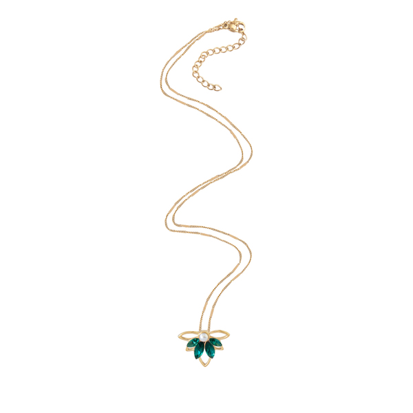 Κολιέ από Ατσάλι Επίχρυσο "Green Zircon Flower" - charms, μαργαριτάρι, επιχρυσωμένα, κοντά, ατσάλι - 2