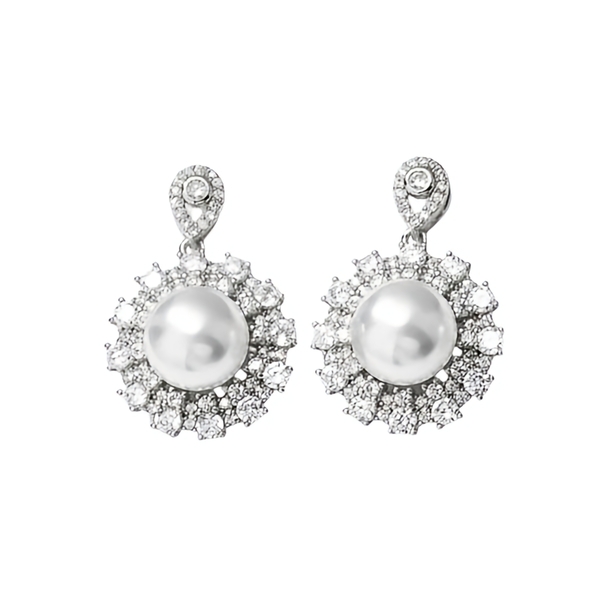 '' SCARLETT '' Luxury Round Imitation Pearls / Κρεμαστά σκουλαρίκια από επιπλατινωμένο ατσάλι με υψηλής ποιότητας ζιργκόν πέτρα, μπορούν να φορεθούν σε μια επίσημη περίσταση και ως νυφικό κόσμημα. - ασήμι, στρας, ορείχαλκος, ασήμι 925, δάκρυ