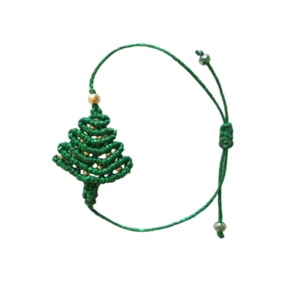 Macrame βραχιόλι χριστουγεννιάτικο δέντρο από πράσινη μεταλιζέ κλωστή με μπαλίτσες σε χρυσό χρώμα - μακραμέ, χάντρες, χεριού, αυξομειούμενα