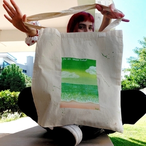 Tote bag ζωγραφισμένη στο χέρι με μακρύ χερούλι πράσινη θάλασσα - ύφασμα, ώμου, all day, tote, πάνινες τσάντες - 5