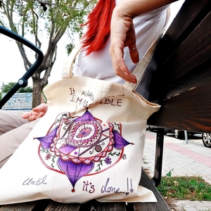 Tote bag ζωγραφισμένη στο χέρι, με μακρύ χερούλι, mandala μωβ - ύφασμα, ώμου, all day, tote, πάνινες τσάντες - 4