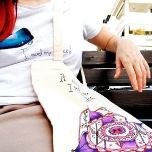 Tote bag ζωγραφισμένη στο χέρι, με μακρύ χερούλι, mandala μωβ - ύφασμα, ώμου, all day, tote, πάνινες τσάντες - 5