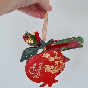 Κουτί δώρου με χριστουγεννιάτικο μπισκότο, γούρι ρόδι και μία κάρτα ευχών - ξύλο, νονά, ρόδι, σετ δώρου - 4