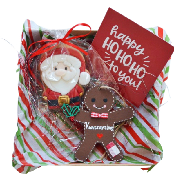 Κουτί δώρου με χριστουγεννιάτικο μπισκότο, προσωποποιημένο στολίδι gingerbread και μία κάρτα - ξύλο, σετ δώρου, προσωποποιημένα