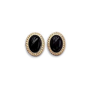 Vintage black stone earings/ Σκουλαρίκια v;intage ρετρό οβάλ σε χρώμα μαύρο και χρυσό - ασήμι, ορείχαλκος, καρφωτά, boho, φθηνά - 2