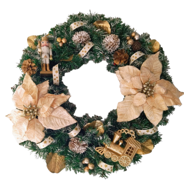 Χριστουγεννιάτικο στεφάνι 45 εκατοστών με χρυσά αλεξανδρινά λουλούδια - στεφάνια, βελούδο, διακοσμητικά, χιονονιφάδα, κουκουνάρι