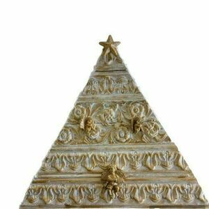 Ξυλινο Χριστουγεννιατικο δεντρο, ρομαντικο, διακοσμημενο με αναγλυφα πηχακια και αγγελους, ασπρο-χρυσο - ξύλο, αστέρι, διακοσμητικά, αγγελάκι, δέντρο