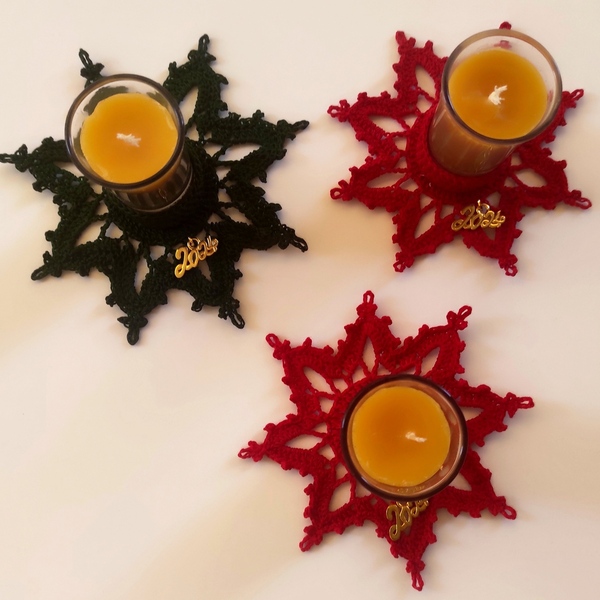 Κηροπήγιο αστέρι Χριστουγέννων πλεκτό βαμβακερό με φυσικό κερί μέλισσας, 13x13x7,5 - νήμα, αστέρι, κεριά & κηροπήγια - 2