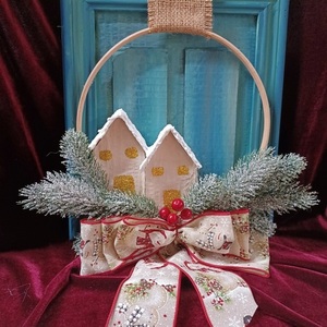 Κρεμαστό κάδρο "Χριστουγεννιάτικα Σπίτια" 30εκ. - ξύλο, στεφάνια, σπίτι, διακοσμητικά