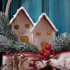 Κρεμαστό κάδρο "Χριστουγεννιάτικα Σπίτια" 30εκ. - ξύλο, στεφάνια, σπίτι, διακοσμητικά - 3