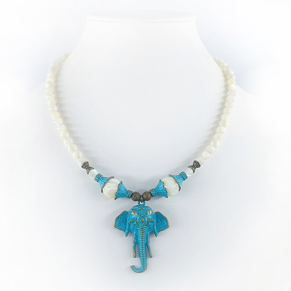 Έθνικ κολιέ με σιντέφι (mother of pearl) και motif, retro patina, ελέφαντας - ορείχαλκος, ethnic