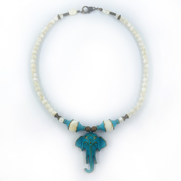 Έθνικ κολιέ με σιντέφι (mother of pearl) και motif, retro patina, ελέφαντας - ορείχαλκος, ethnic - 2