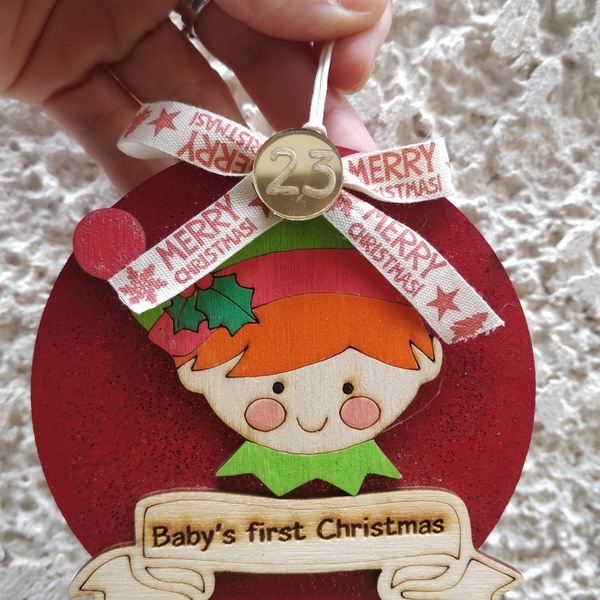 Ξύλινο στολίδι Baby's first Christmas (boy) 10 εκ - ξύλο, πρώτα Χριστούγεννα, στολίδια - 2