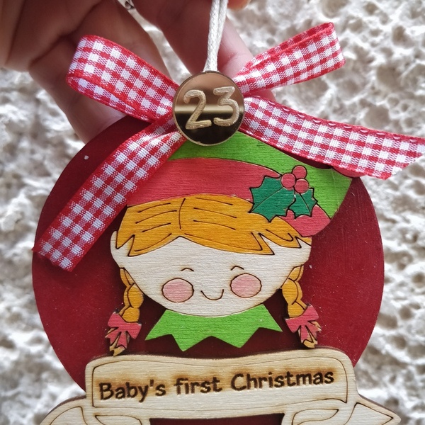 Ξύλινο στολίδι 10 εκ Baby's first Christmas (girl) - ξύλο, πρώτα Χριστούγεννα, στολίδια, μπάλες - 2