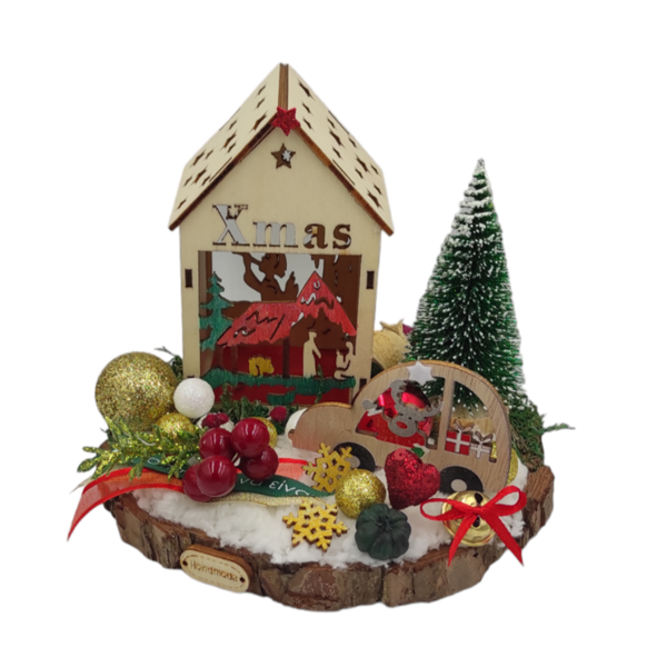 Χειροποίητο ξύλινο διακοσμητικό με σπιτάκι, αυτοκινητάκι, έλατο και διακοσμητικά σε κορμό δέντρου 15cm - ξύλο, σπίτι, διακοσμητικά, χριστουγεννιάτικα δώρα