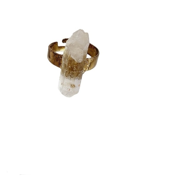 Δαχτυλίδι επιχρυσωμένο με ημιπολύτιμο λίθο λευκό Χαλαζία αιχμής - ημιπολύτιμες πέτρες, επιχρυσωμένα, αυξομειούμενα, φθηνά