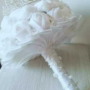 Ολολευκη Ανθοδέσμη γάμου με σατέν λουλουδια 18cm - γάμος και βάπτιση - 3