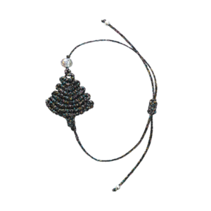 Macrame βραχιόλι χριστουγεννιάτικο δέντρο από ανθρακί μεταλιζέ κλωστή και χάντρες - μακραμέ, χάντρες, χεριού, αυξομειούμενα