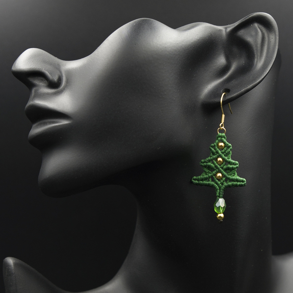Σκουλαρίκια Χριστουγεννιάτικο δέντρο πράσινο ή χρυσό. 6 εκ. - ημιπολύτιμες πέτρες, μακραμέ, κρεμαστά, γάντζος, φθηνά - 2