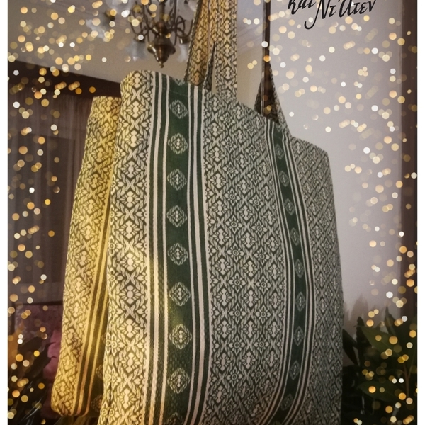 Μεγαλη tote bag 40Χ43, πράσινη Πάνινη τσάντα, shopping bag, vintage jacquard βαμβακερο ιταλικό - ύφασμα, ώμου, μεγάλες, all day, πάνινες τσάντες - 4