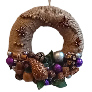 Purple balls με σχοινί & φυσικά υλικά. 18 cm - ύφασμα, νήμα, στεφάνια, διακοσμητικά, κουκουνάρι