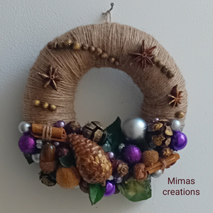 Purple balls με σχοινί & φυσικά υλικά. 18 cm - ύφασμα, νήμα, στεφάνια, διακοσμητικά, κουκουνάρι - 2