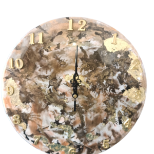 Χειροποίητο ρολόι τοίχου 30εκ με βάση mdf ξύλο και σχεδιασμό με υγρό γυαλί, χρώματα οινοπνεύματος και φύλλα χρυσού. - ξύλο, γυαλί, τοίχου