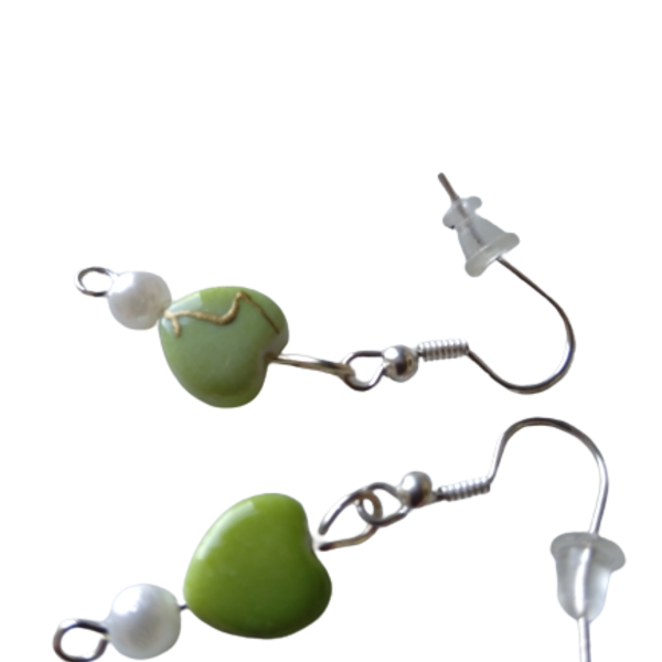 Σκουλαρίκια πράσινες καρδούλες μουράνο - γυαλί, μικρά, κρεμαστά, πέρλες, γάντζος