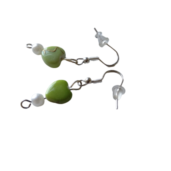 Σκουλαρίκια πράσινες καρδούλες μουράνο - γυαλί, μικρά, κρεμαστά, πέρλες, γάντζος - 2