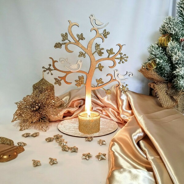 Χριστουγεννιάτικο ξύλινο διακοσμητικό κηροπήγιο δέντρο χάλκινο με ιβουάρ βελούδο 24,5×21×15cm - ξύλο, χριστουγεννιάτικα δώρα, κεριά & κηροπήγια - 2