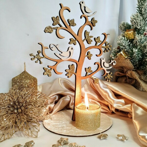 Χριστουγεννιάτικο ξύλινο διακοσμητικό κηροπήγιο δέντρο χάλκινο με ιβουάρ βελούδο 24,5×21×15cm - ξύλο, χριστουγεννιάτικα δώρα, κεριά & κηροπήγια - 3