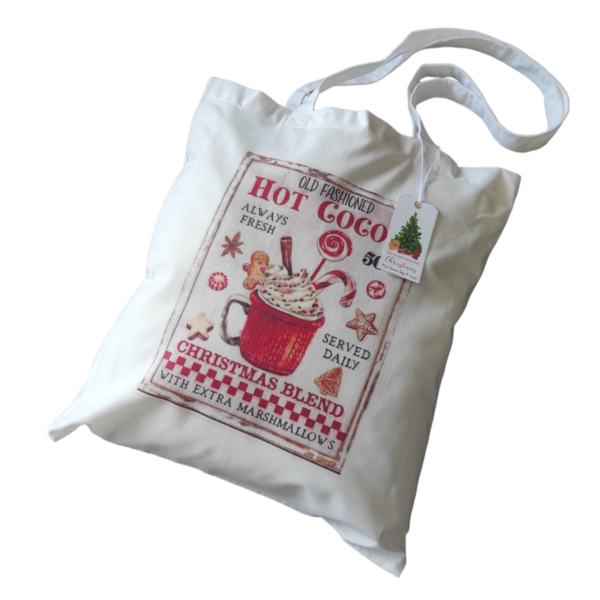 Χριστουγεννιάτικη λευκή υφασμάτινη tote bag με μακρύ χερούλι"Hot cocoa" 37χ41εκ. - ύφασμα, vintage, αξεσουάρ