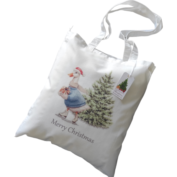 Χριστουγεννιάτικη λευκή υφασμάτινη tote bag με μακρύ χερούλι "Christmas duck"37χ41εκ. - ύφασμα, vintage, αξεσουάρ, δέντρο