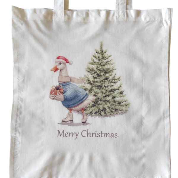 Χριστουγεννιάτικη λευκή υφασμάτινη tote bag με μακρύ χερούλι "Christmas duck"37χ41εκ. - ύφασμα, vintage, αξεσουάρ, δέντρο - 2