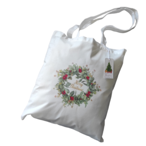 Χριστουγεννιάτικη λευκή υφασμάτινη tote bag με μακρύ χερούλι "Merry Christmas"37χ41εκ. - ύφασμα, vintage, αξεσουάρ